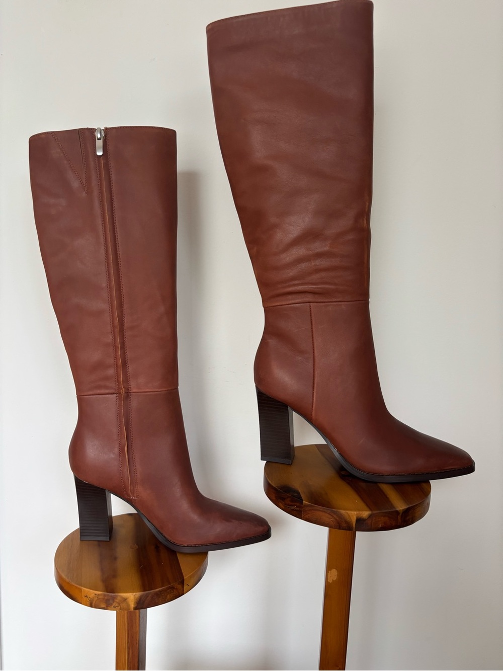 Nine West Brown Leather Knee High Boots Block Heel Size 7M Cognac